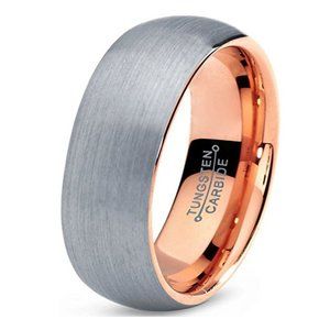 Men's Tungsten Wedding Band (7mm). Gray and Rose Gold Round Domed Brushed Ring.